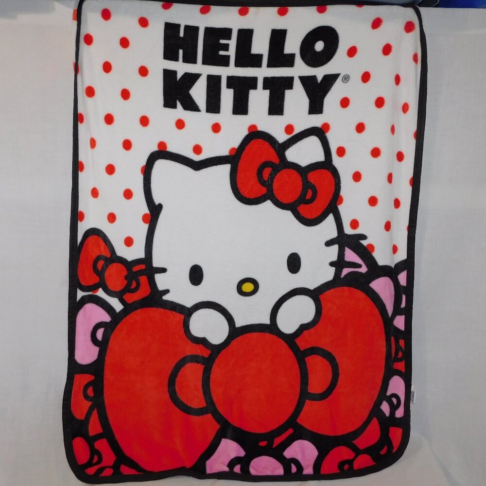 Sanrio Hello Kitty Red White Pink Bows Micro Fleece Plush Blanket 38" x 49"